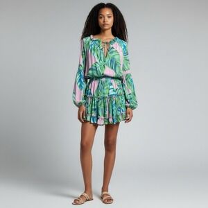 Buddy Love Small Palm Leaf Print Mini Dress‎ Pink Green Boho Long Sleeve